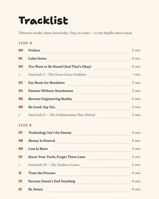 The Tracklist page: thirteen tracks and three interludes on Side A and Side B
