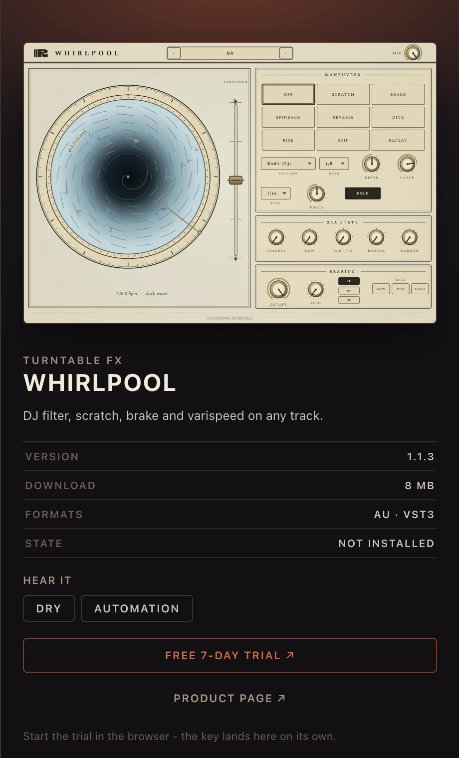A plugin's page inside RIPPLES Tap: interface, specifications, audio demos and a trial button