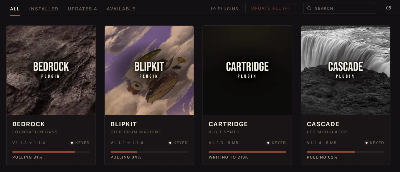 A batch of plugins installing, each with its own progress bar