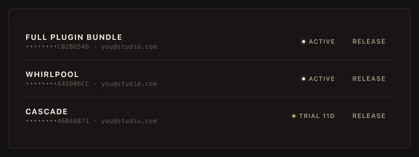 The Keys view: a bundle key and a plugin key active, a trial counting down