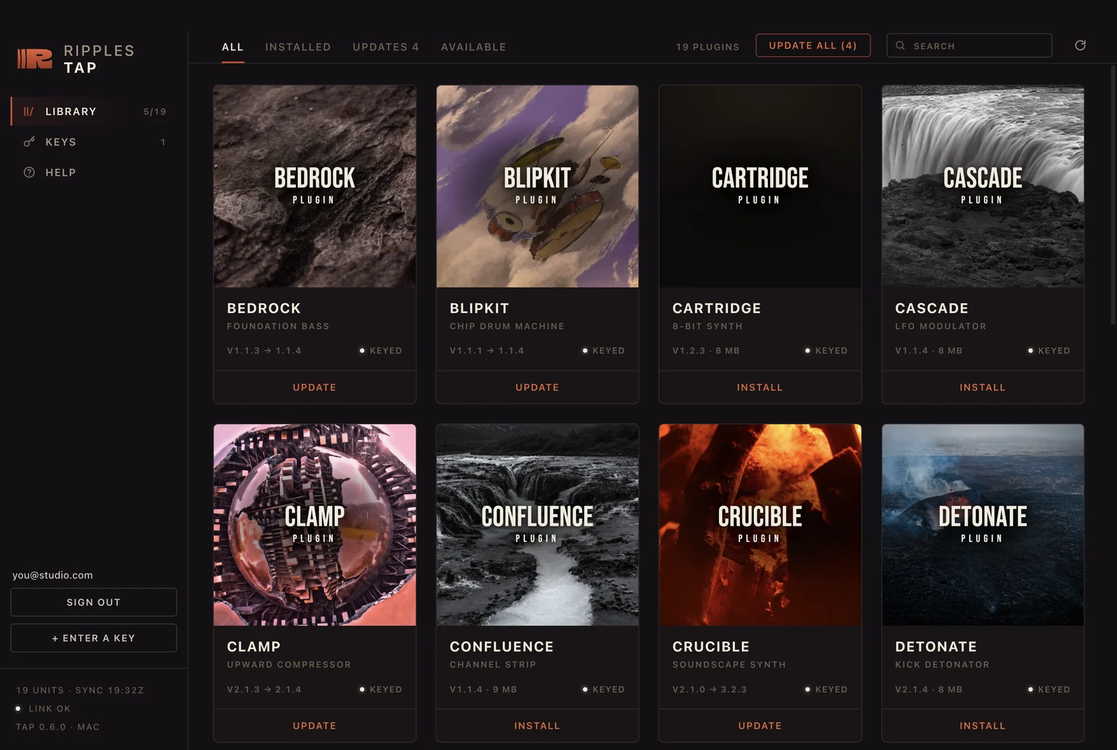 The RIPPLES Tap library: plugin cards with install and update buttons