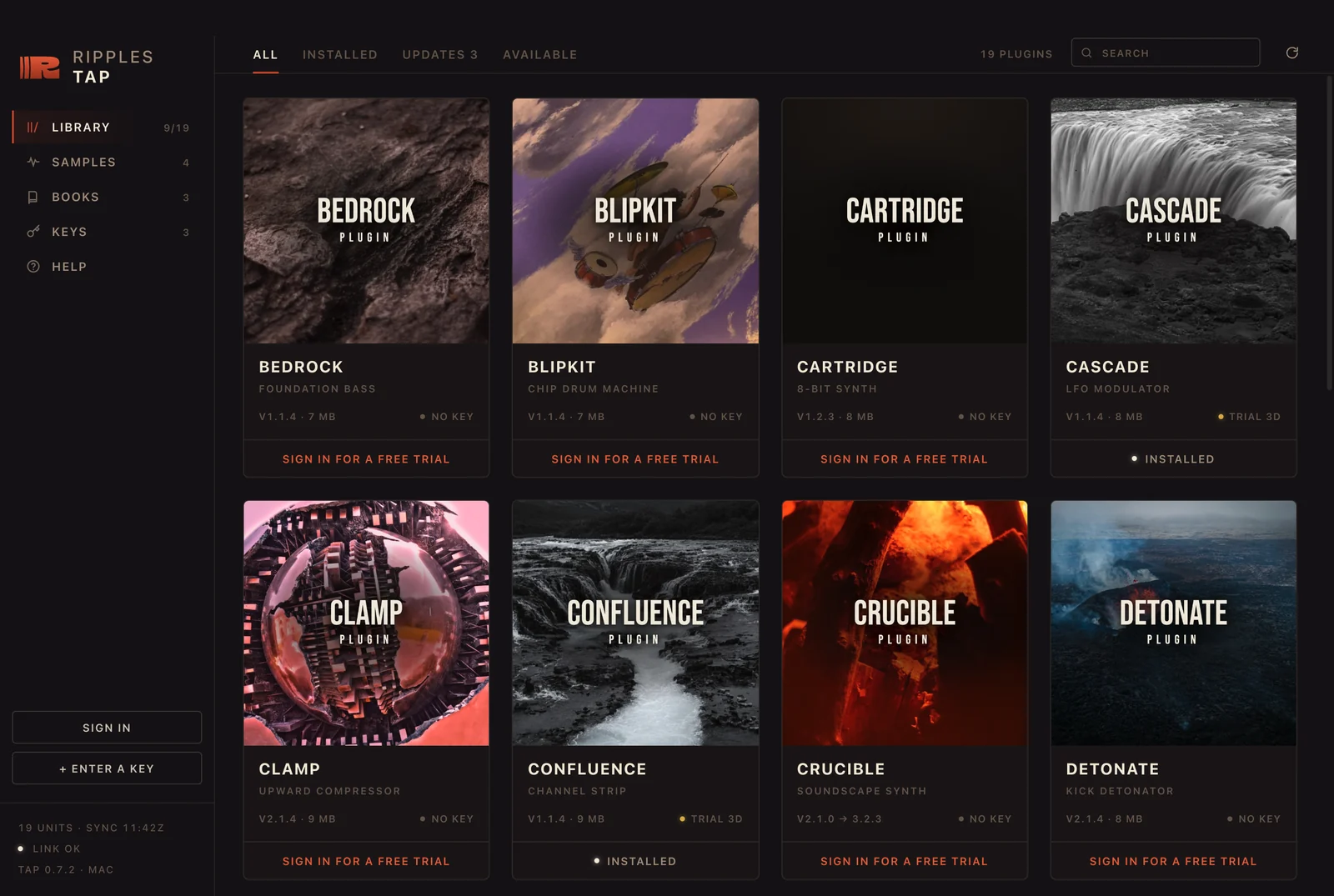 The RIPPLES Tap library: plugin cards, with shelves for samples and books alongside