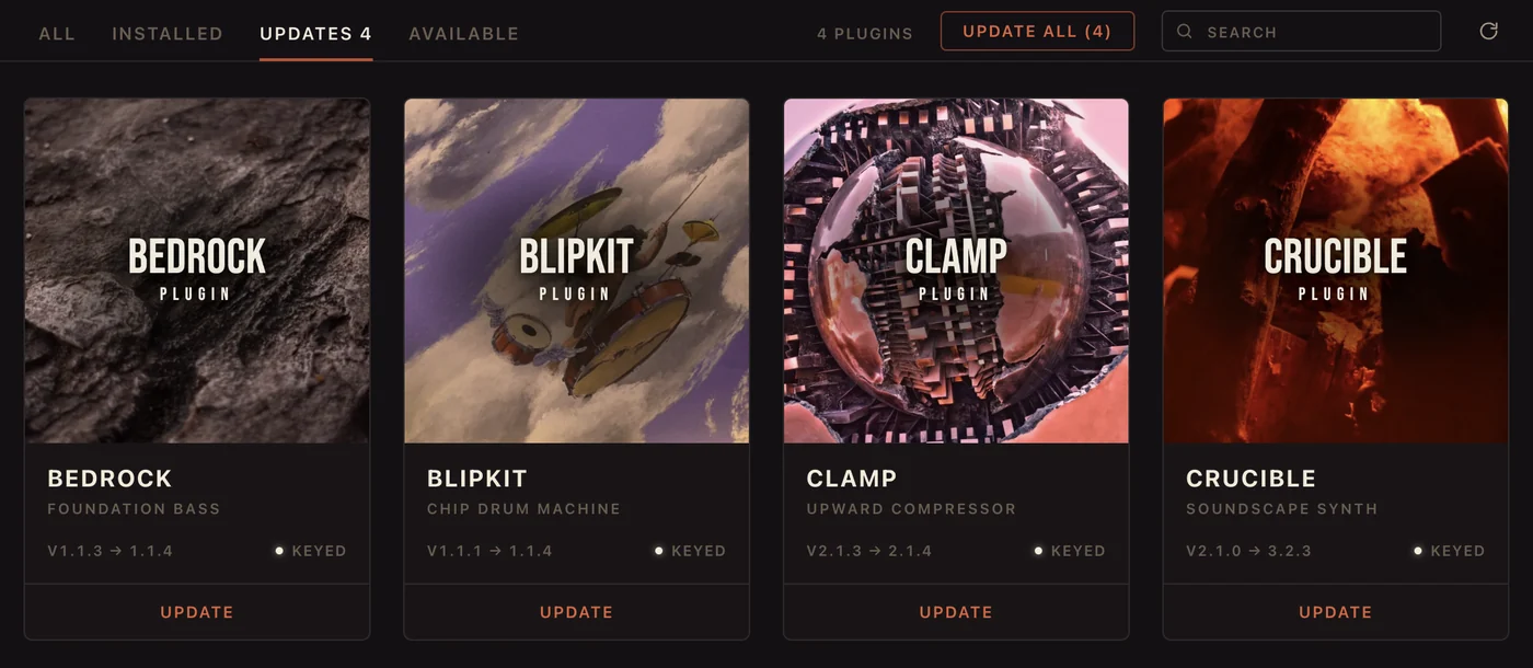 The Updates tab: four plugins with a newer version, and an Update all button