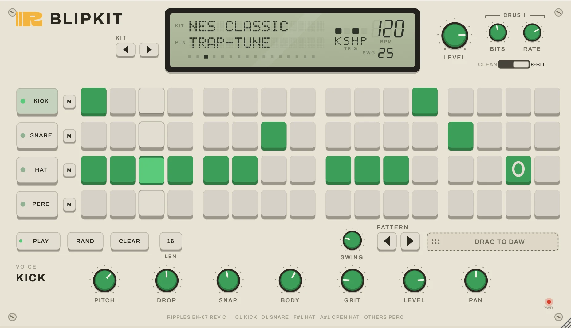 Blipkit chiptune drum machine plugin interface