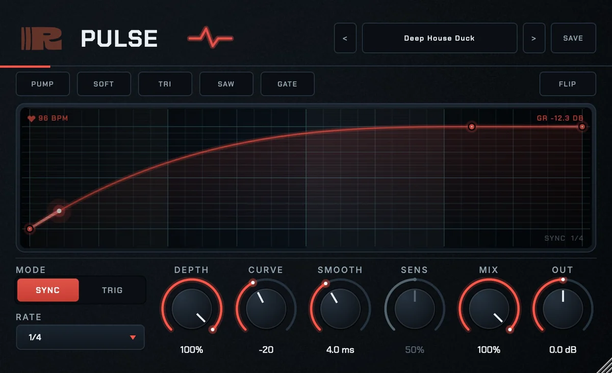 Pulse free sidechain and gate plugin interface, showing the Deep House Duck curve